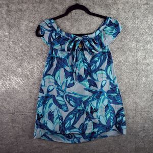 Ella Moss Top Women XS Blue Floral Sleeveless Tie Neck Flowy Silk Blend USA Made